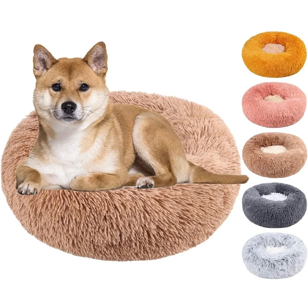 Calming Anxiety Round Donut Pet Bed Washable Anti-Slip Faux Fur Cuddler Brown L
